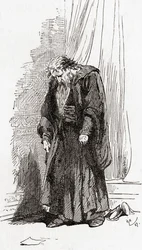 Una escena de la obra de William Shakespeare El Mercader de Venecia, Acto IV, Escena 1, Shylock: Les ruego, déjenme irme de aquí. No me siento bien, de Las Obras de William Shakespeare, publicado 1896